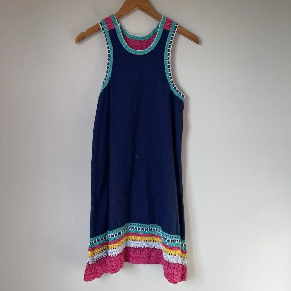Akemi & Kin Linen Blend Crochet Knit Midi Dress Blue Pink Sleeveless Women's XS